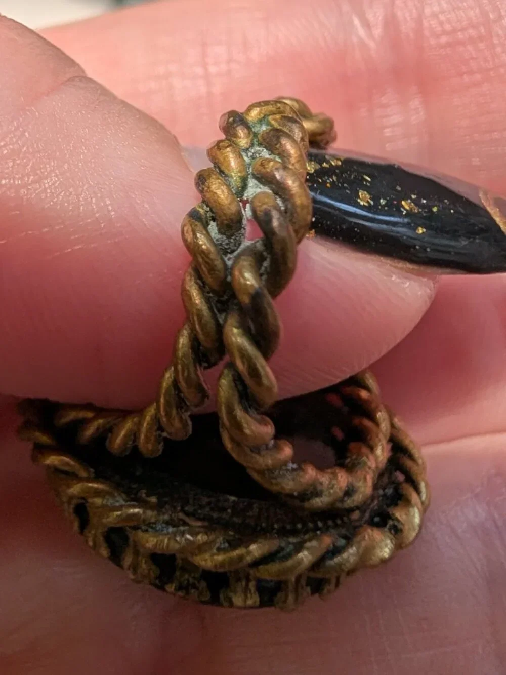 Vintage Jet Black Glass Intaglio Braided Brass Victorian Ring, Size 5.5